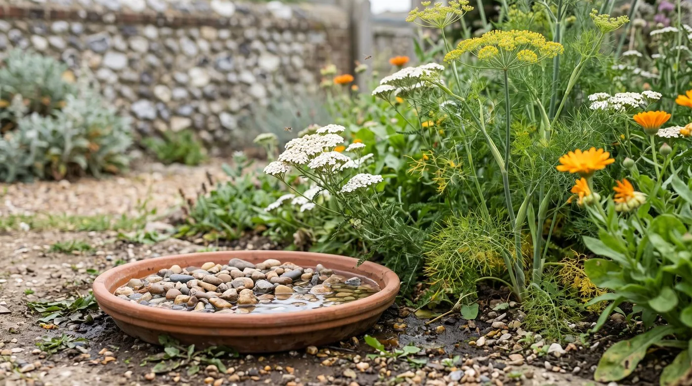 Shallow saucer of pebbles and water beside yarrow, fennel and marigolds in a hoverfly-friendly garden