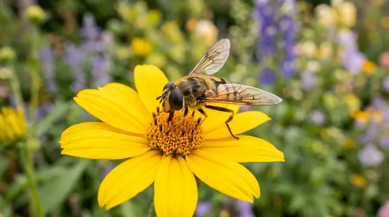 Marmalade hoverfly feeding on yarrow in a UK cottage garden showing hoverflies garden identification markings