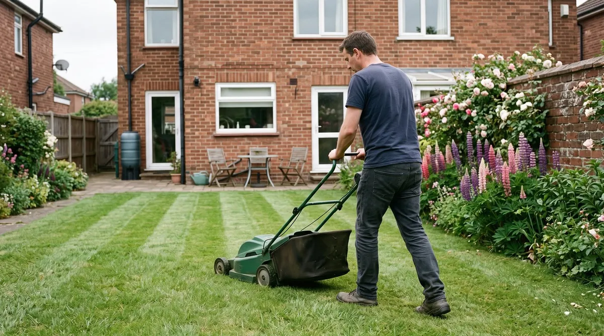 Gardener mowing a striped suburban lawn at a medium cutting height beside a flower border