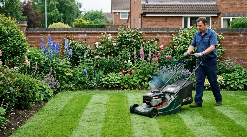 A green suburban lawn part-mowed at the correct height with a rotary mower, showing fresh stripes in summer light