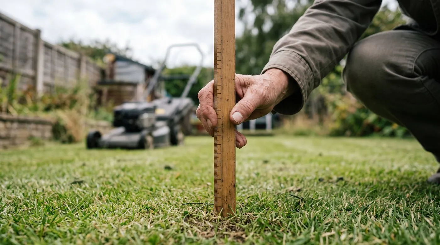 Gardener standing a ruler upright in freshly mown grass to check the cutting height