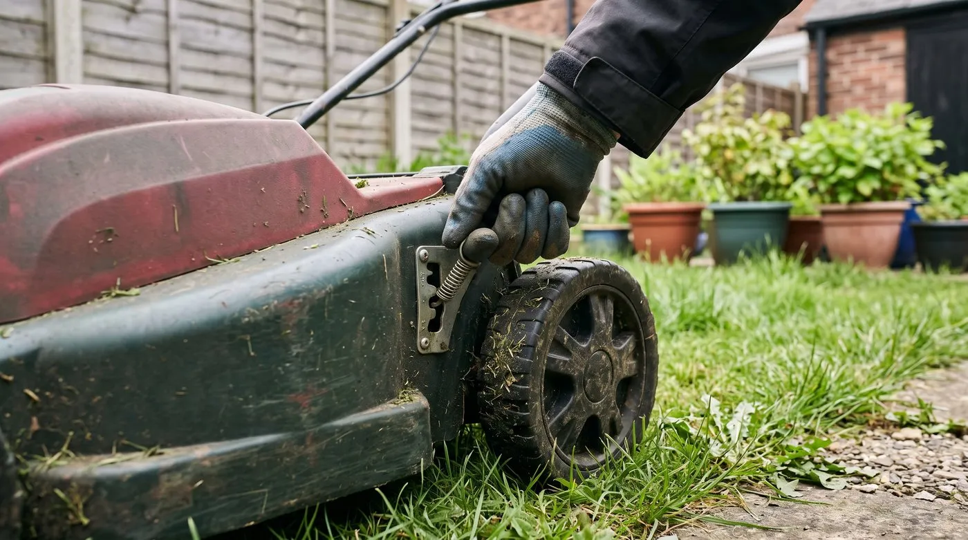 Gloved hand raising the cutting height lever on a switched-off rotary lawn mower