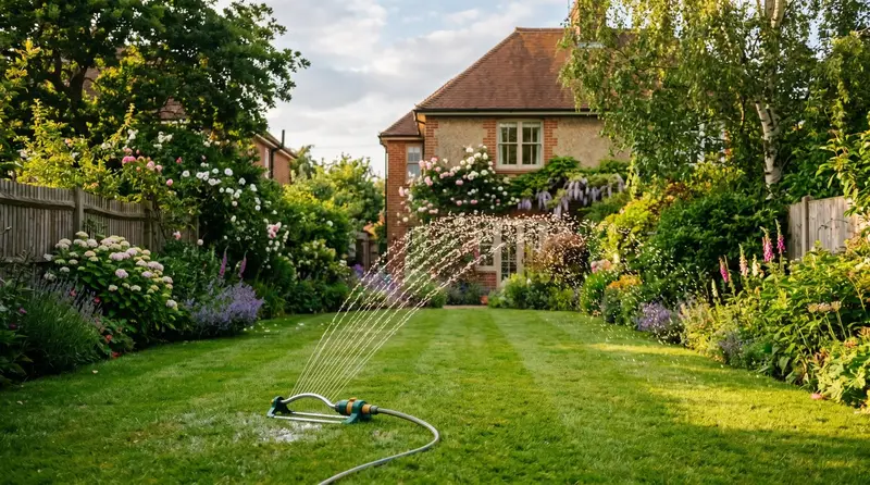 A green suburban lawn in Kent being watered by an oscillating sprinkler in the early evening during a summer heatwave