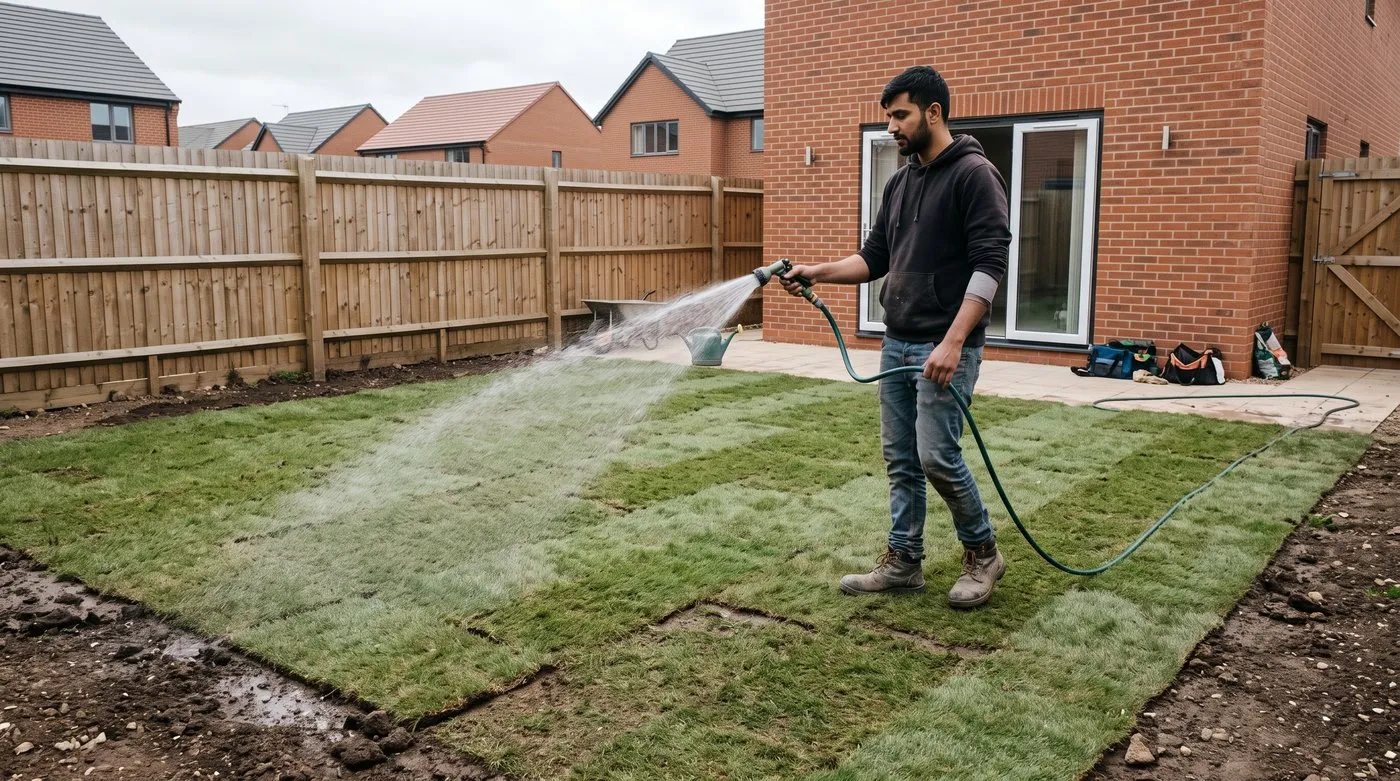 Man watering freshly laid turf with a fine hose spray in a new-build back garden