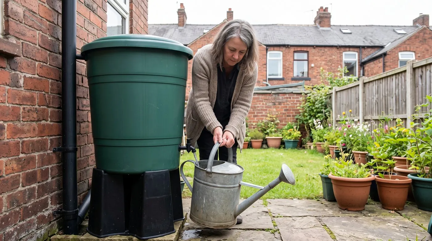 Woman holding a metal watering can beside a green water butt in a small terraced garden