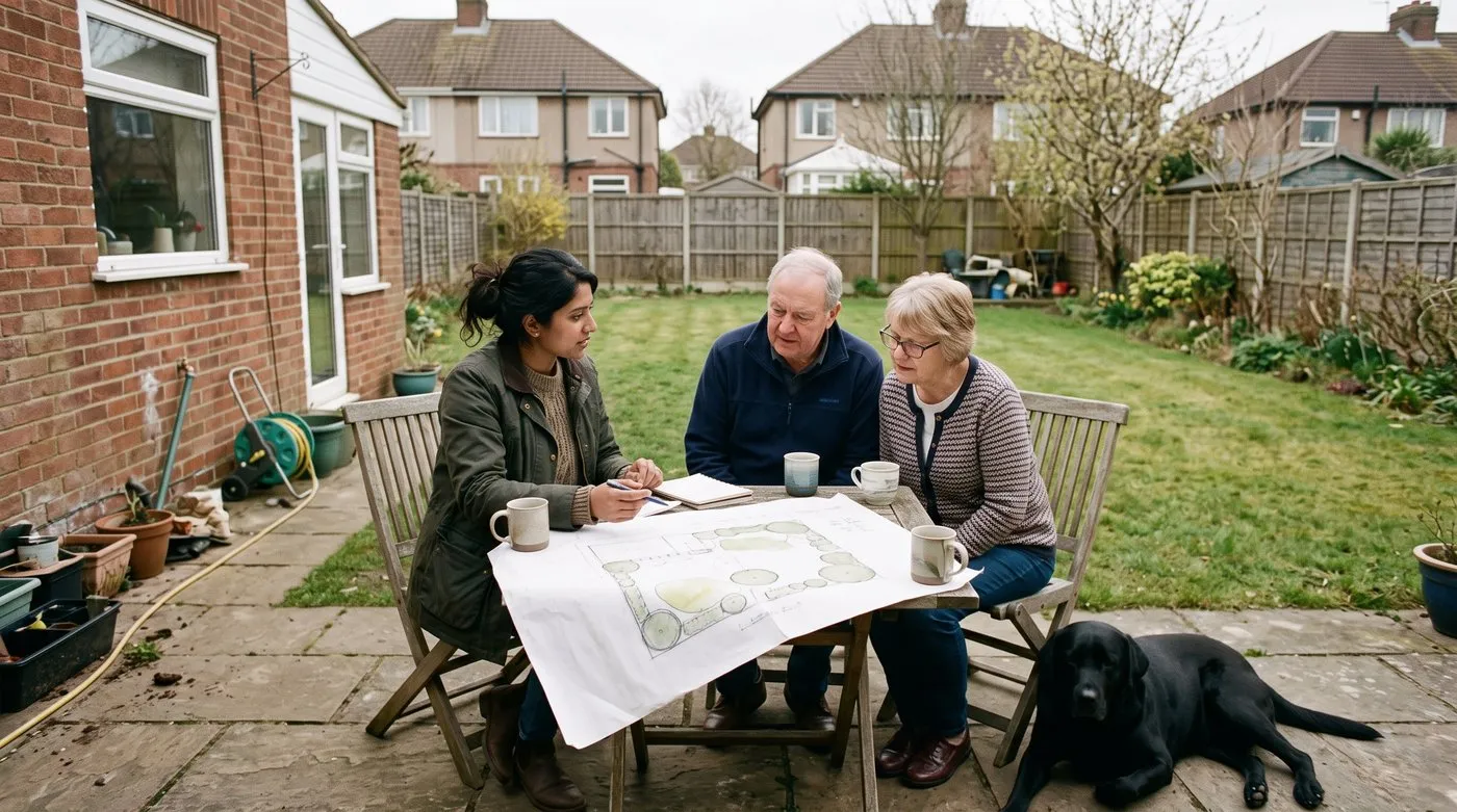 Garden designer talking a couple through a garden plan at their patio table