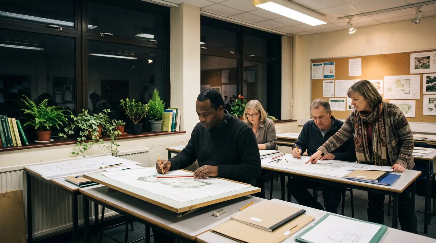 Adult students drawing garden plans with scale rulers at an evening garden design class