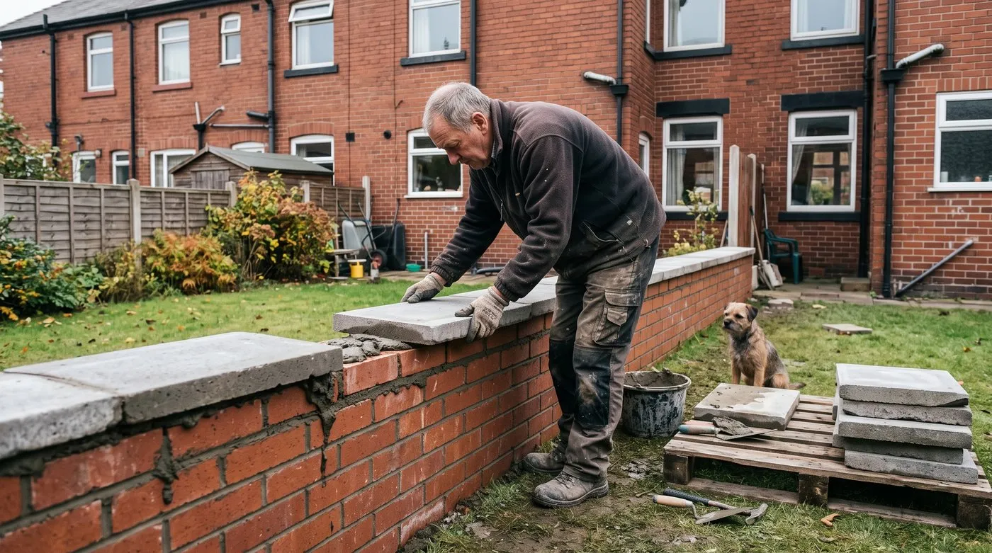 Man bedding a concrete coping stone on top of a new brick garden wall