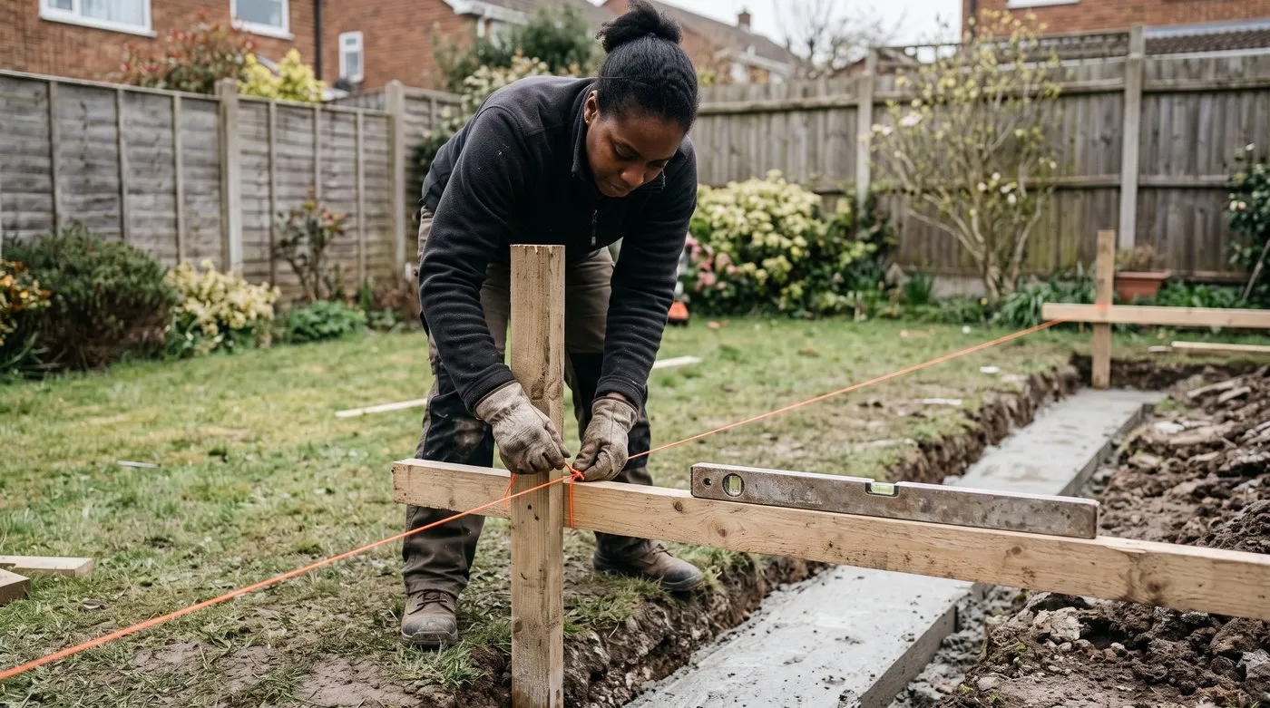 Gardener tightening a string line between timber profile boards at the end of a wall footing