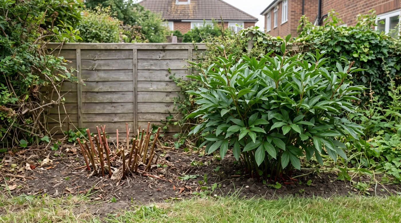 A peony cut to the ground in early summer beside a peony clump still in full leaf