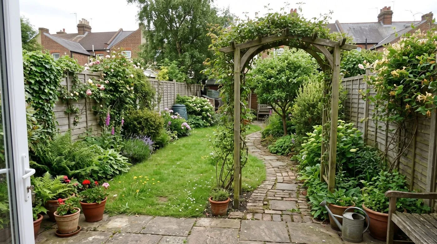 A long thin garden split into zones with a curving path, an arch and a tree