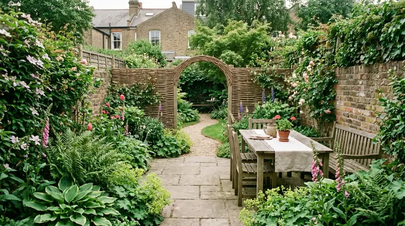 Long thin UK terraced garden divided into zones with a curved path and dense boundary planting