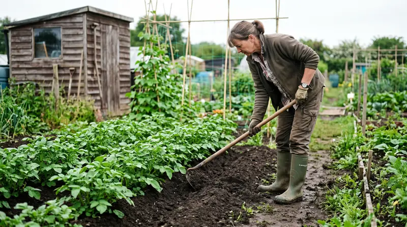 Gardener using a draw hoe to earth up rows of green potato foliage on a UK allotment