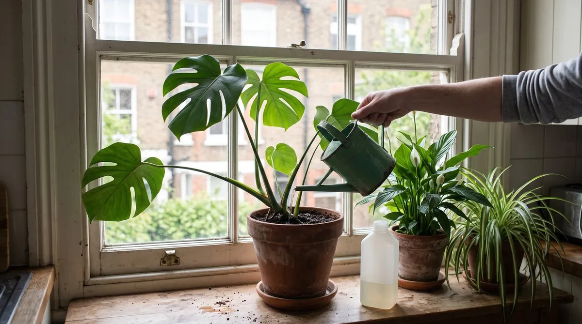 Hand watering diluted feed onto a monstera on a windowsill beside a peace lily and spider plant