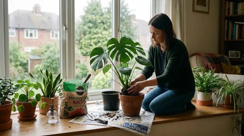 Houseplants on a bright UK windowsill with a monstera being repotted on newspaper with compost and a pot