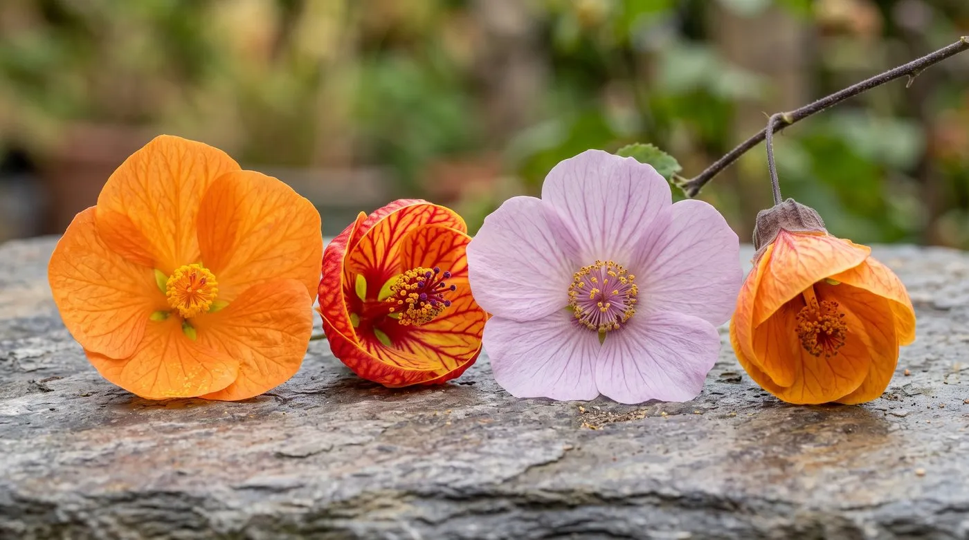 Four abutilon flower types side by side showing tender hybrid bells, megapotamicum lanterns, vitifolium saucers and Kentish Belle