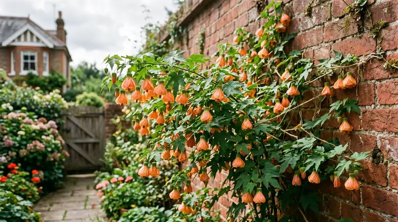 Abutilon Indian mallow with pendulous orange bell flowers trained against a warm brick wall in a UK garden