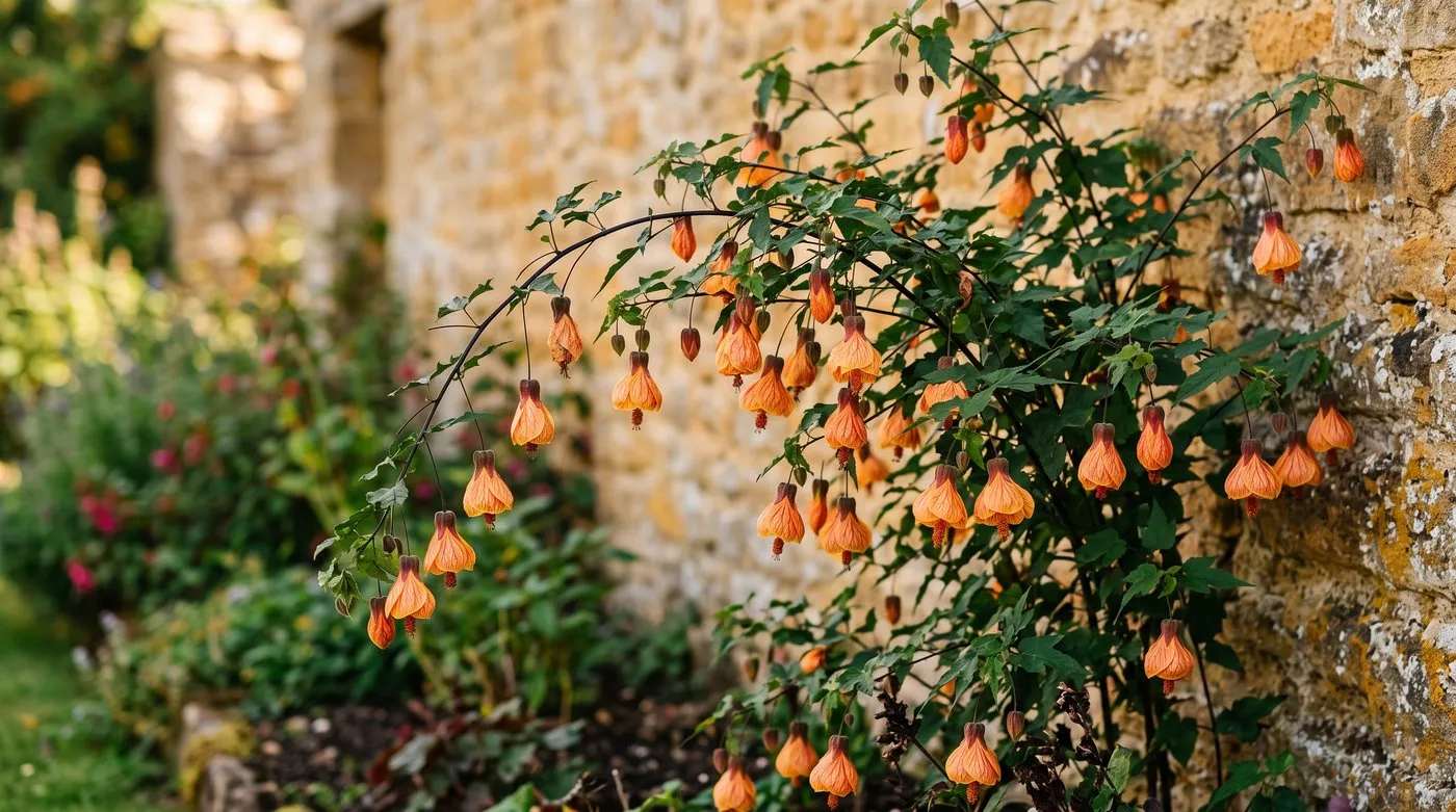 Abutilon Kentish Belle with apricot-orange bell flowers on near-black stems against a warm stone wall in a Welsh garden