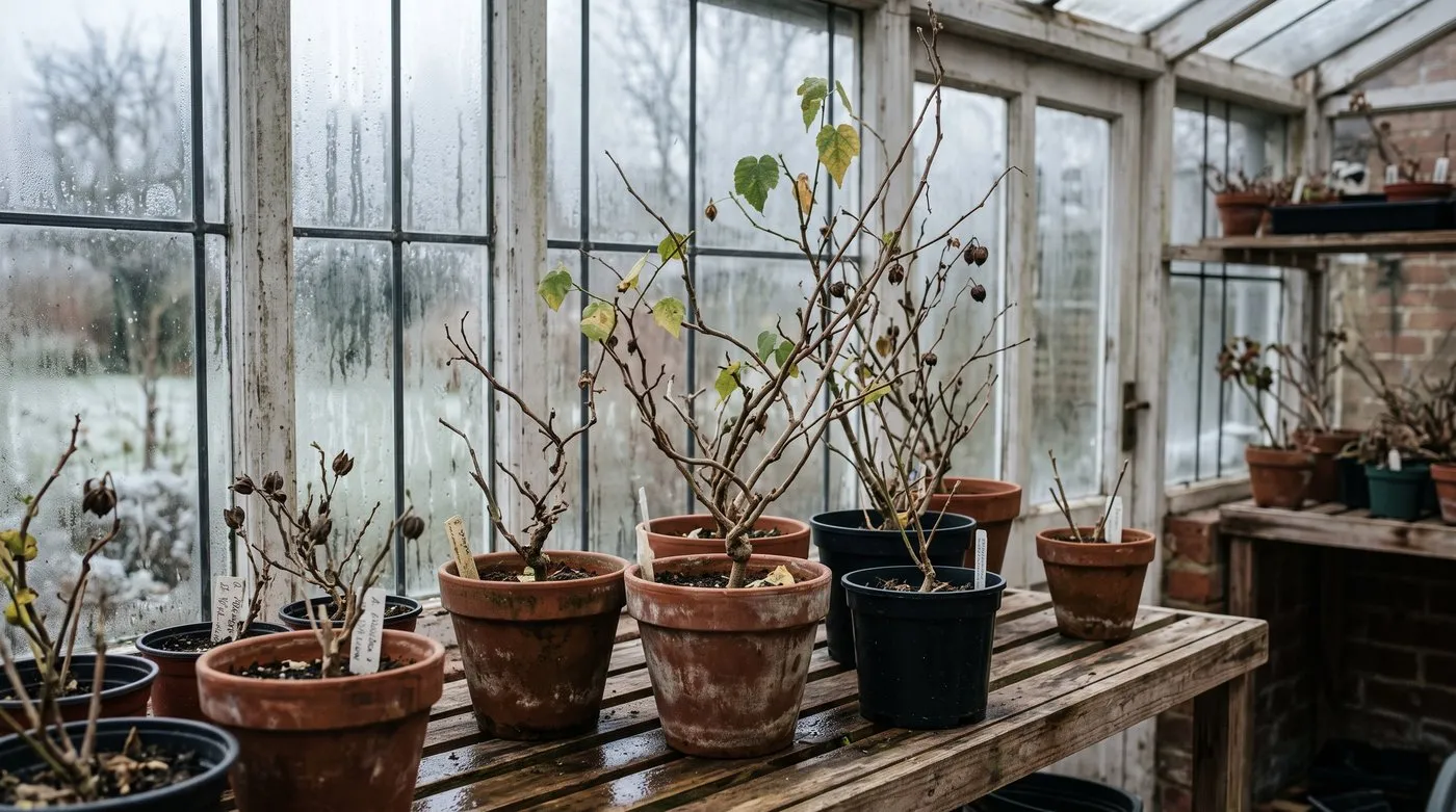 Abutilon pots overwintering inside an unheated conservatory in winter with bare stems and low light