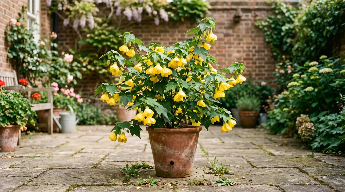 Tender Abutilon Canary Bird in a terracotta pot on a patio with bright yellow bell flowers and maple-shaped leaves