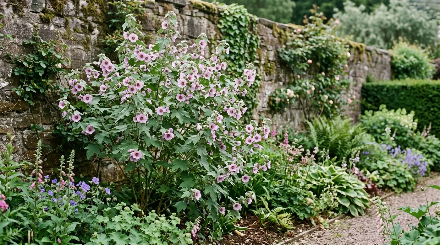 Abutilon vitifolium growing as a tall fast shrub with mauve saucer flowers in a sheltered Scottish walled garden border