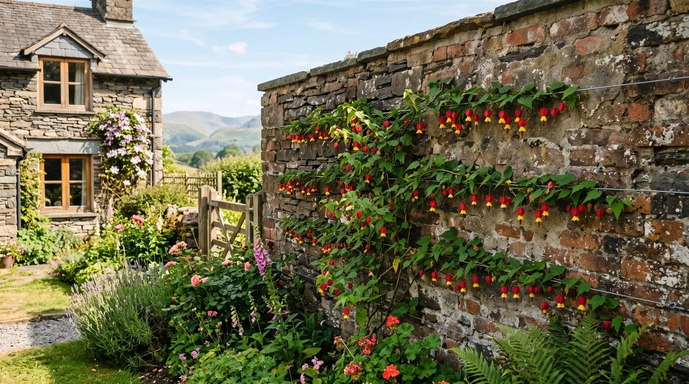 Abutilon megapotamicum trained on wires against a sunny brick wall showing lax stems and hanging lantern flowers