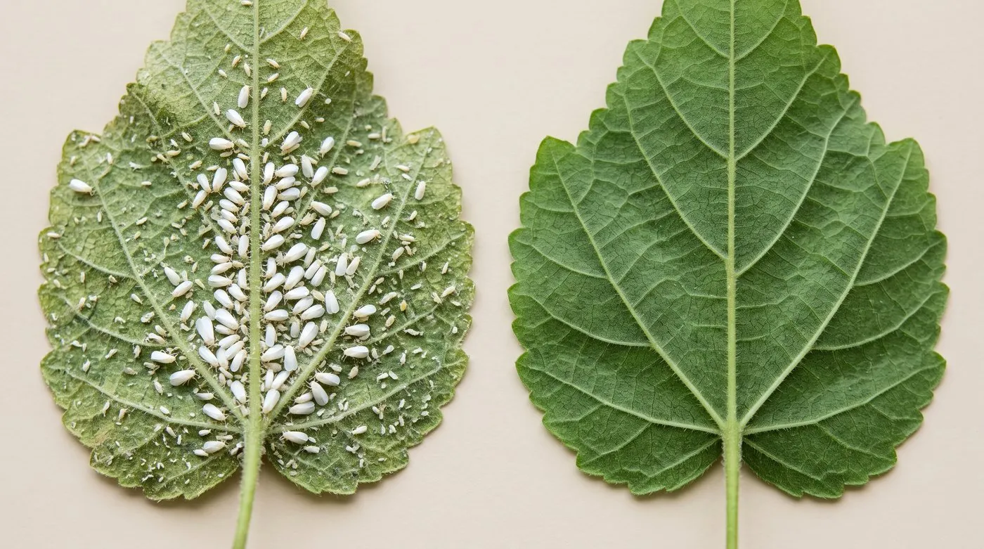 Close-up diagnostic of an abutilon leaf underside showing whitefly clusters next to a clean healthy leaf for comparison