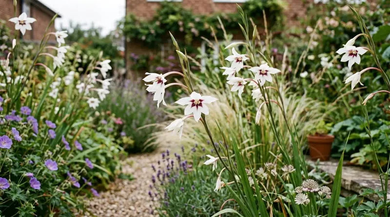 White acidanthera flowers with deep maroon centres flowering in a late-summer UK garden border among grasses