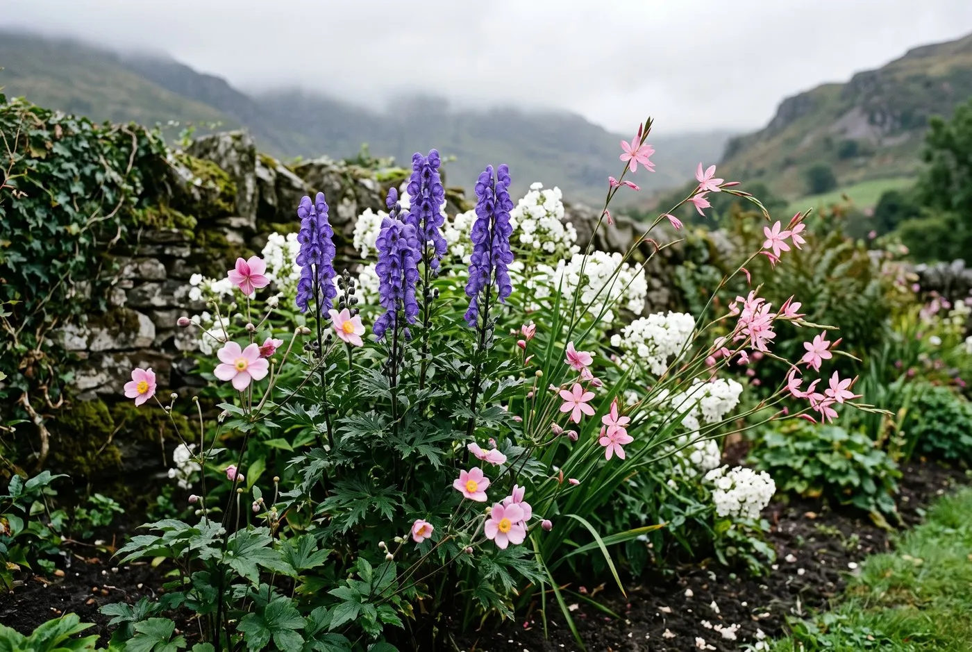 Aconitum monkshood spires with Japanese anemones, hostas and ferns in a mixed autumn border in a Midlands cottage garden