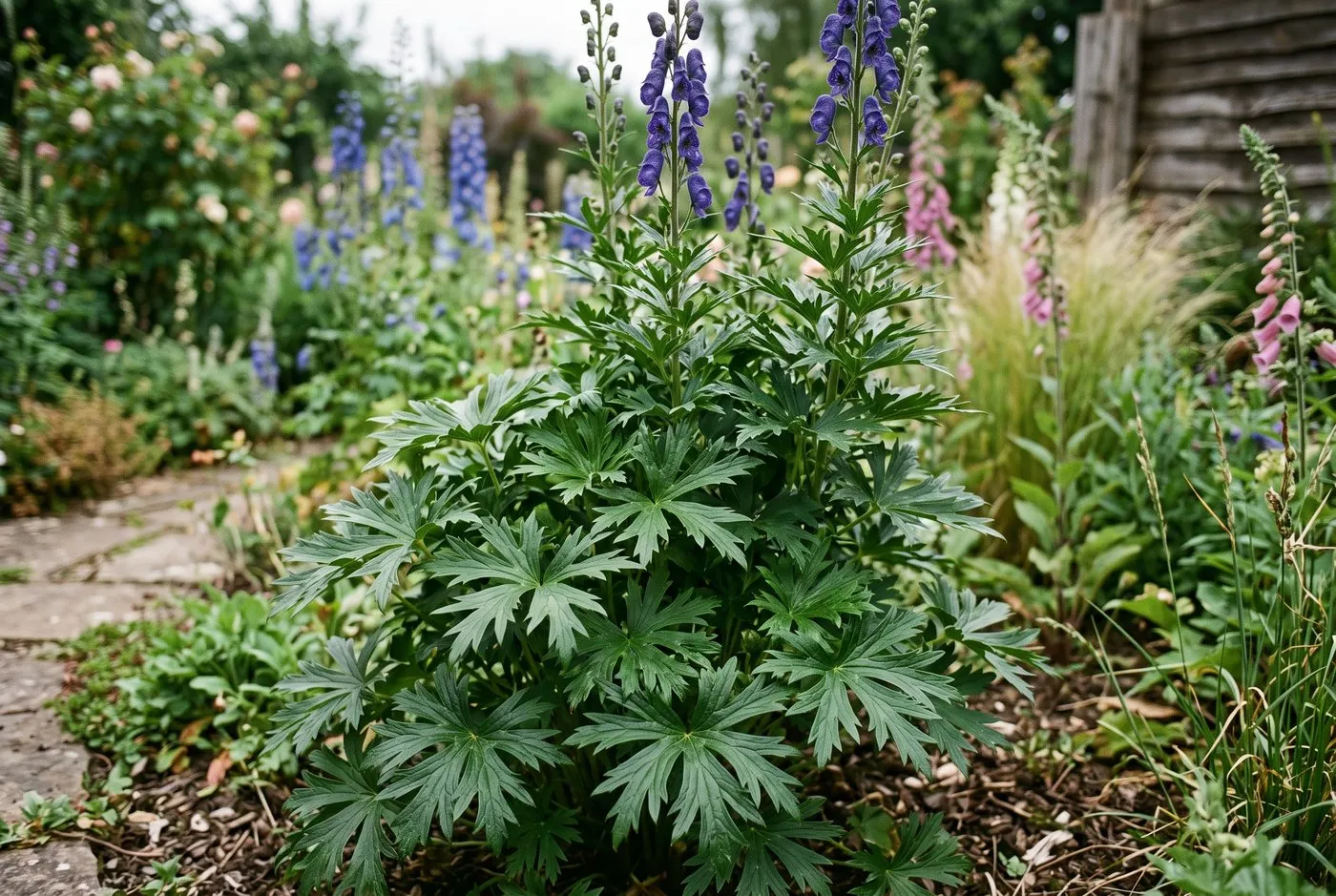 Deeply lobed dark green Aconitum monkshood foliage showing five to seven toothed palmate leaf segments for identification