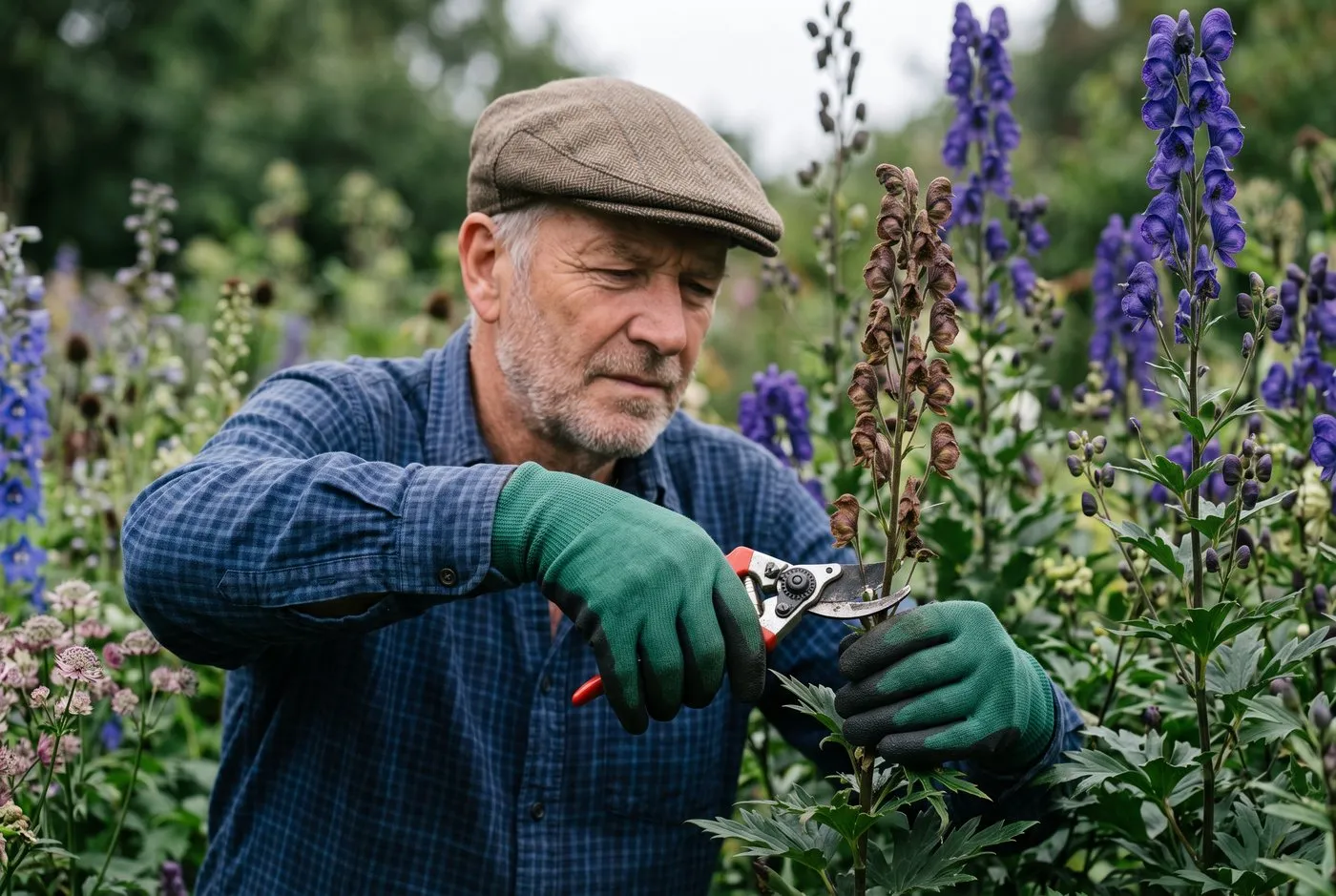 A gardener in long-cuff blue nitrile gloves and long sleeves splitting an Aconitum crown with a hand fork on an allotment plot