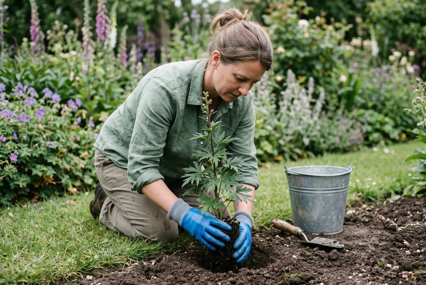Gloved hands in blue nitrile gloves setting an Aconitum monkshood crown into a compost-enriched planting hole in a suburban border