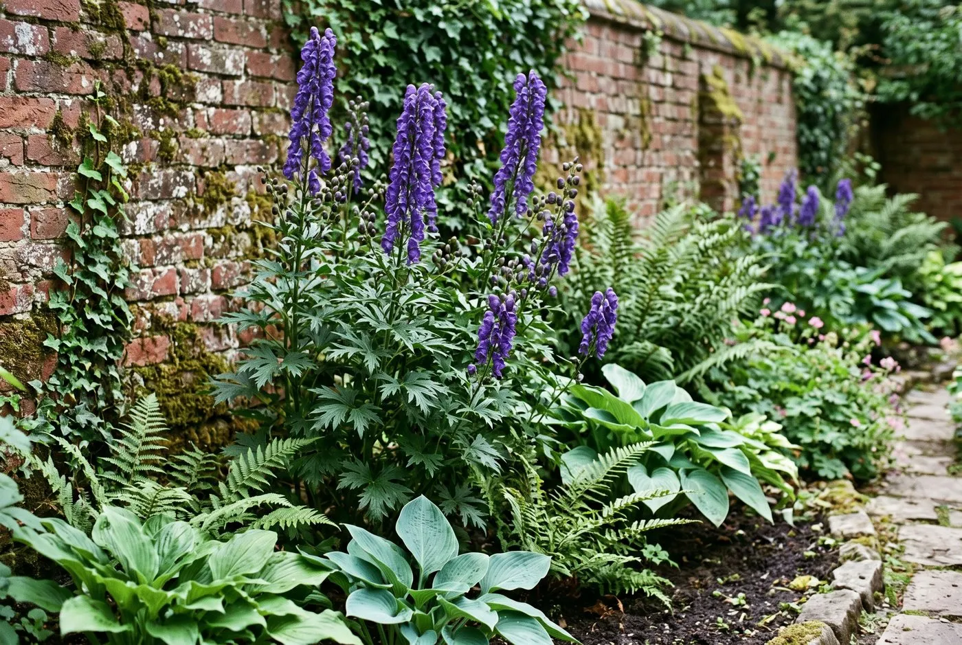 Aconitum monkshood spires flowering at the back of a damp part-shaded border behind hostas and ferns in a Welsh hillside garden