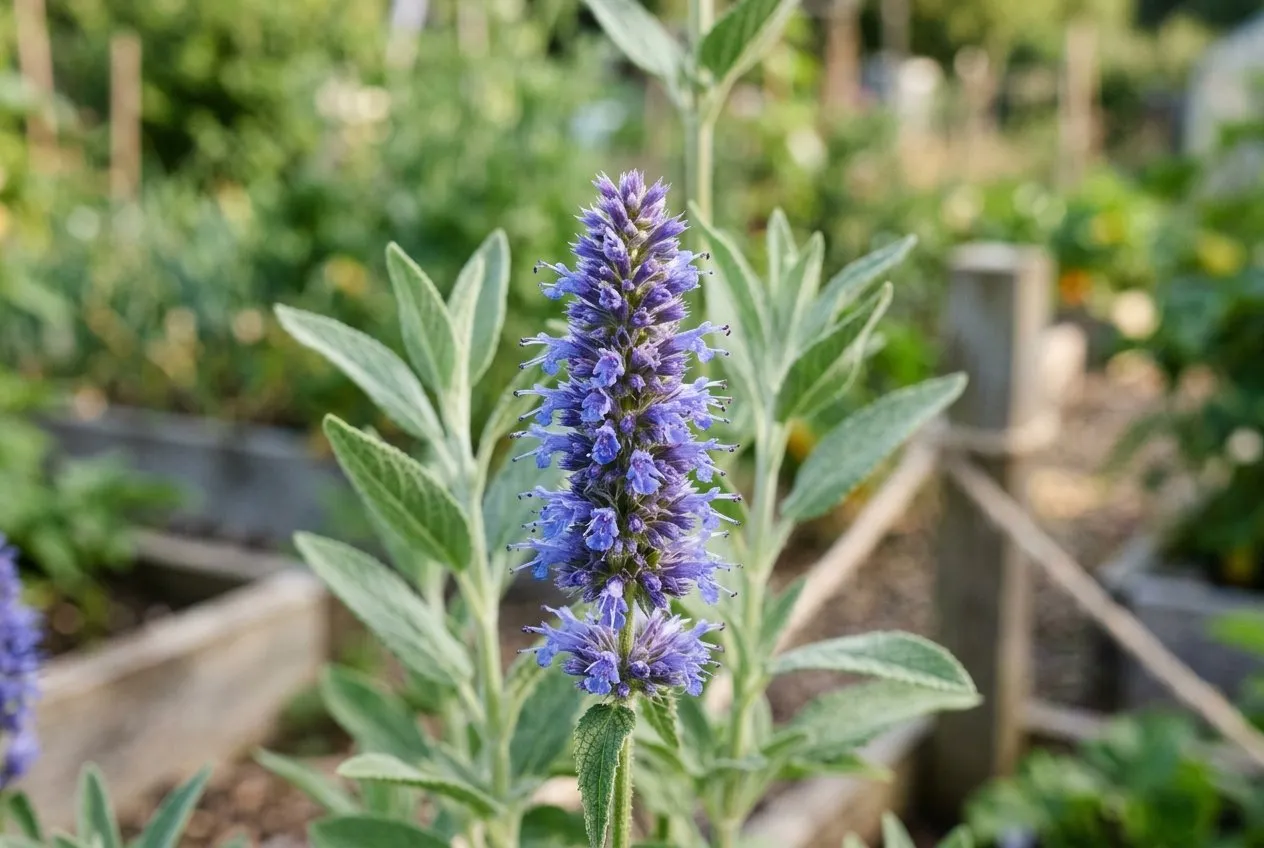 A single Agastache foeniculum anise hyssop flower spike close up, showing dense blue-violet tubular florets and grey-green leaves