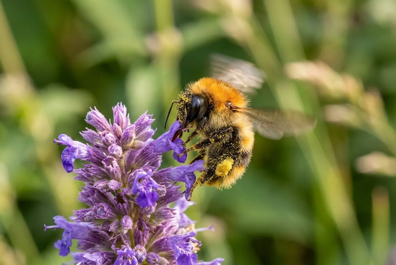 A common carder bumblebee feeding on a purple agastache flower spike with pollen on its legs
