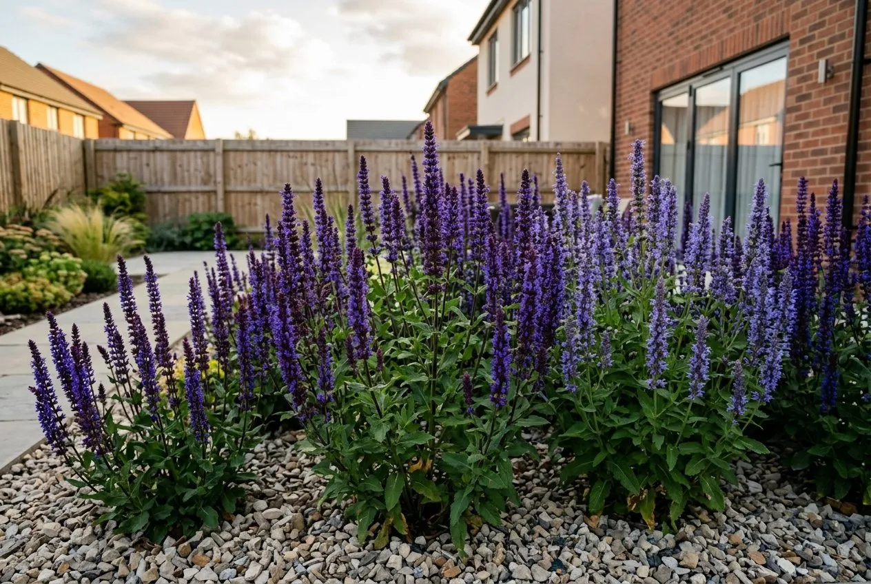 Deep violet-blue Agastache Blackadder and Blue Fortune flowering in a modern gravel border on a UK estate garden