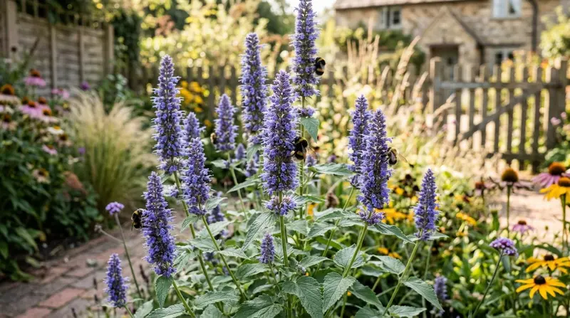 Blue-violet Agastache foeniculum anise hyssop flowering with bumblebees in a sunny UK garden border