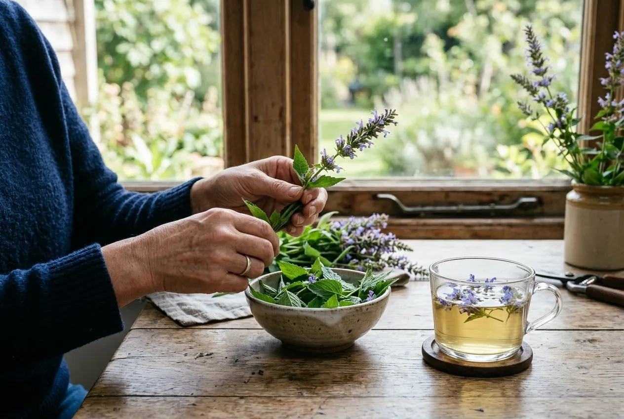 Hands picking aniseed-scented agastache leaves into a bowl beside a glass cup of herbal tea with floating blue flowers