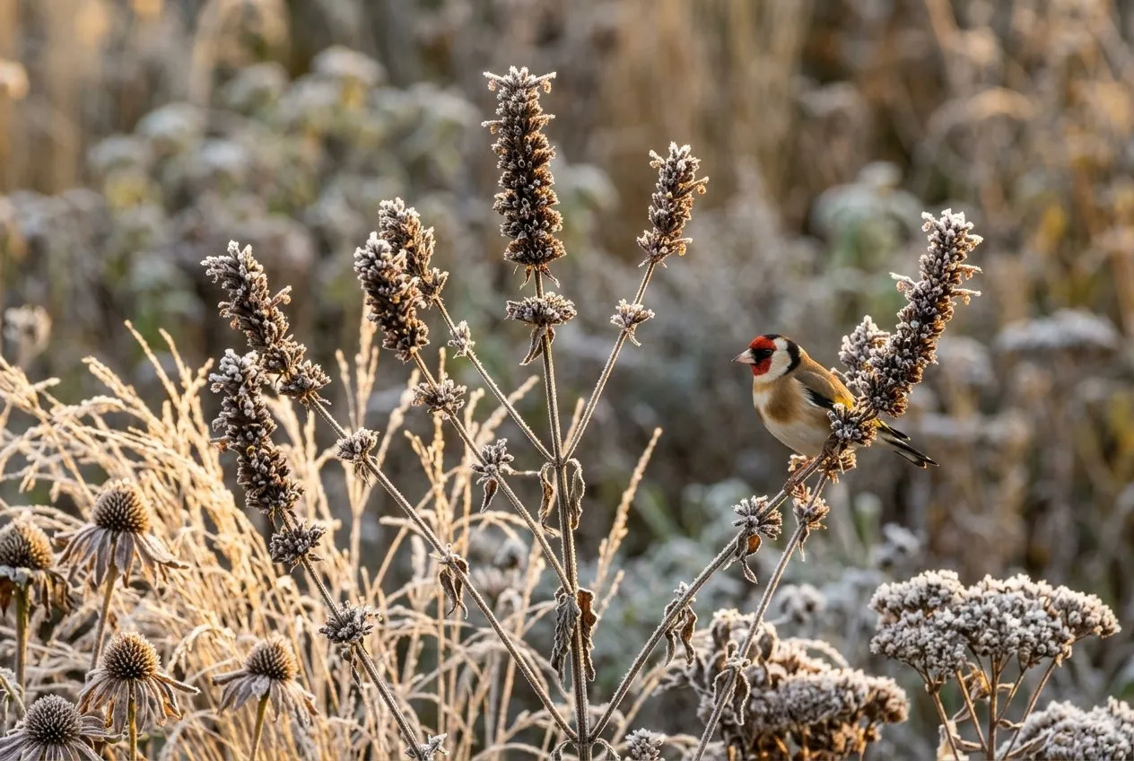 Frosted brown agastache seedheads standing through a UK winter border with a goldfinch nearby