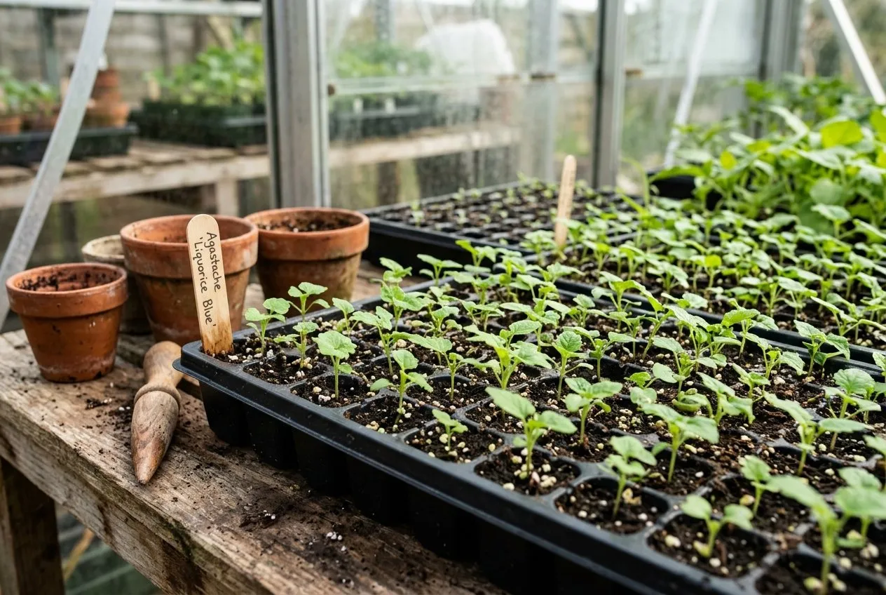 Young agastache seedlings in a module seed tray on a UK greenhouse bench with terracotta pots nearby