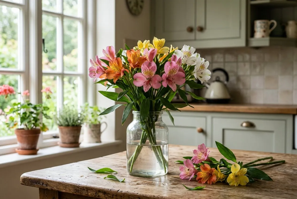Freshly cut alstroemeria stems in a glass vase on a kitchen table showing mixed colours