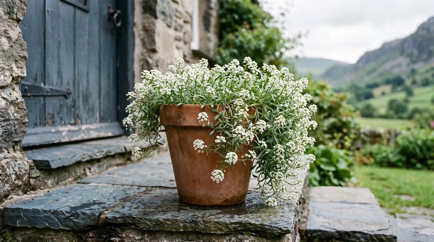 Sweet alyssum in a terracotta container spilling over the rim beside a doorstep in a Welsh valley garden