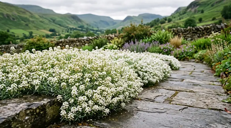 Sweet alyssum in flower, a low white carpet of tiny four-petalled blooms spilling over a path edge in a Welsh valley garden