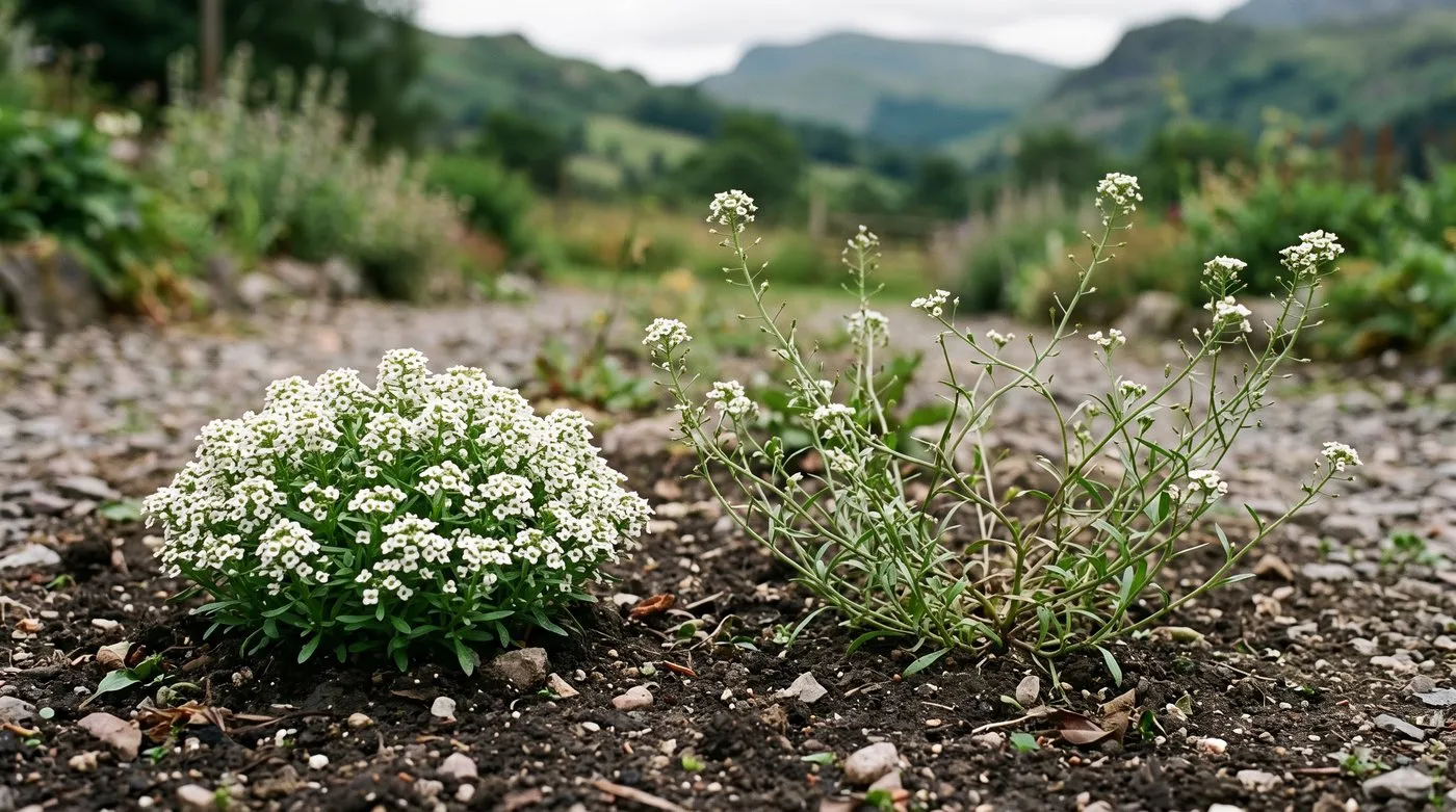 Two alyssum plants compared side by side, one compact and densely flowered in full sun, one stretched and sparse from shade