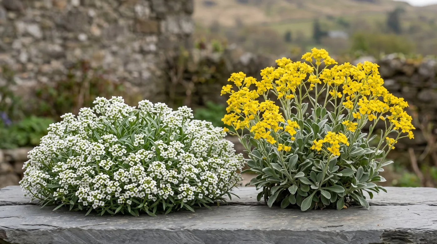 Sweet alyssum and gold dust alyssum side by side, low white four-petalled flowers next to grey-leaved yellow perennial alyssum