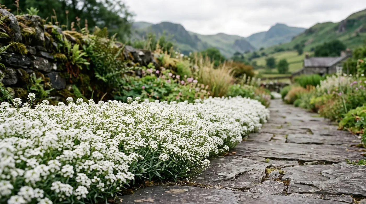 Sweet alyssum forming a continuous white edging along a stone path in a Welsh valley garden with a border behind