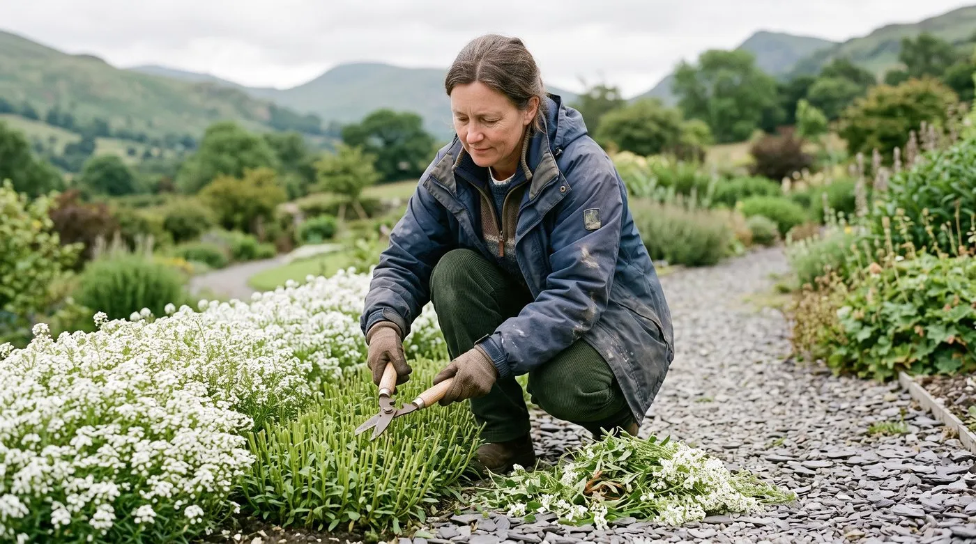 A white British woman in her forties shearing a row of alyssum back hard with hand shears in mid-July