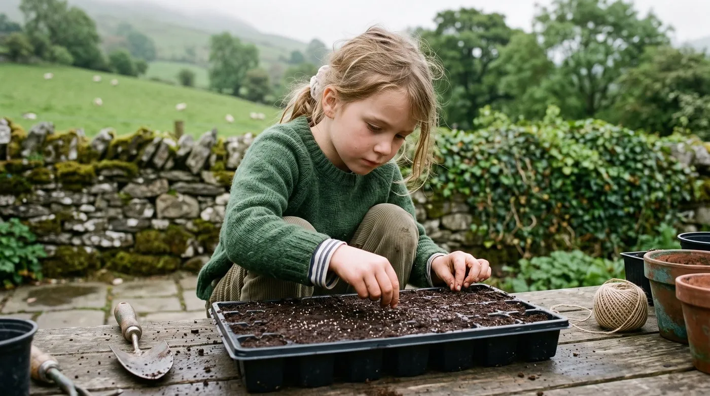 A young white British girl around eight years old surface sowing tiny alyssum seed into a module tray on a garden bench