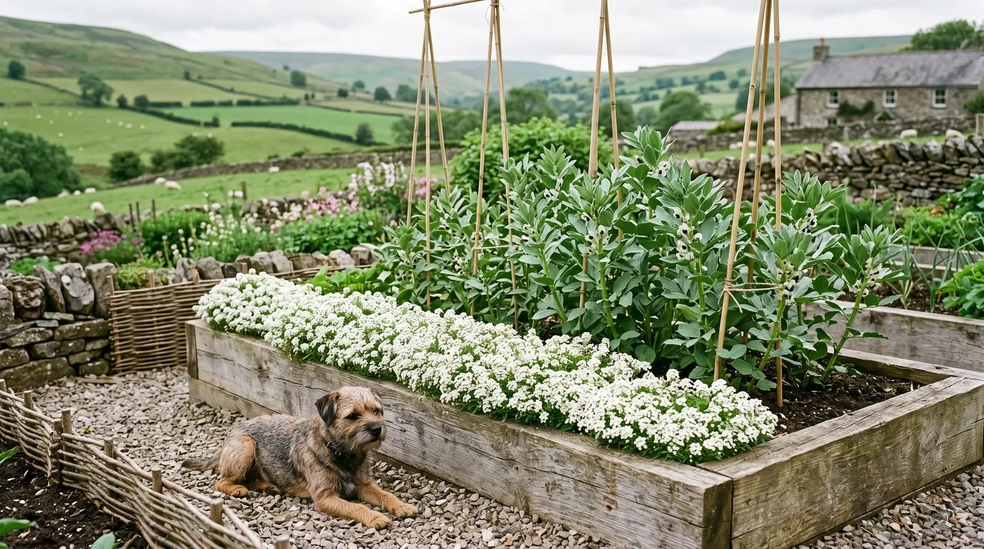 Broad beans with a band of white alyssum planted along the bed edge in a Welsh vegetable garden, a terrier lying on the path