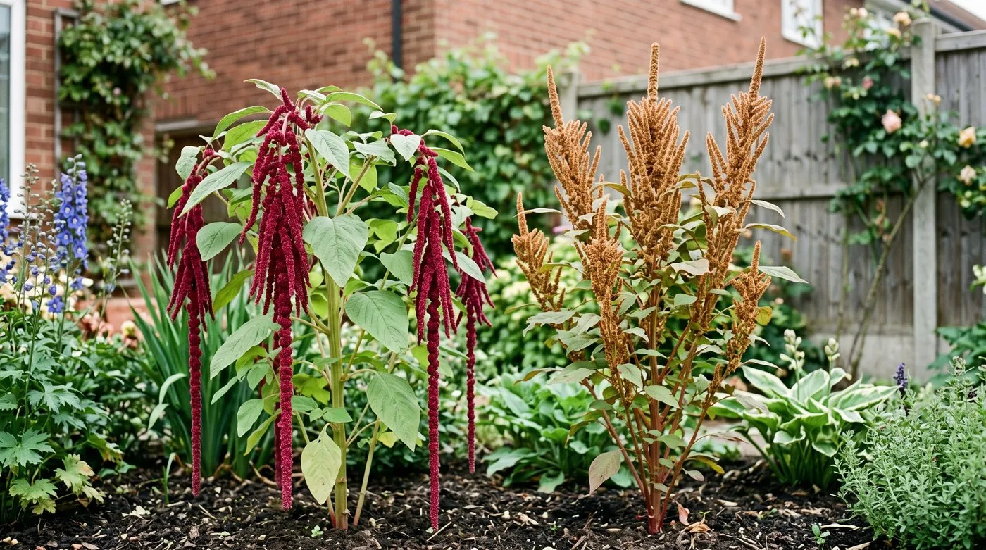 Amaranthus caudatus and Hot Biscuits growing side by side, hanging crimson tassels beside stiff upright bronze plumes